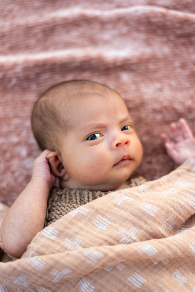 A photo of a newborn baby laying on a blanket at Alta Vista Botanical Garden