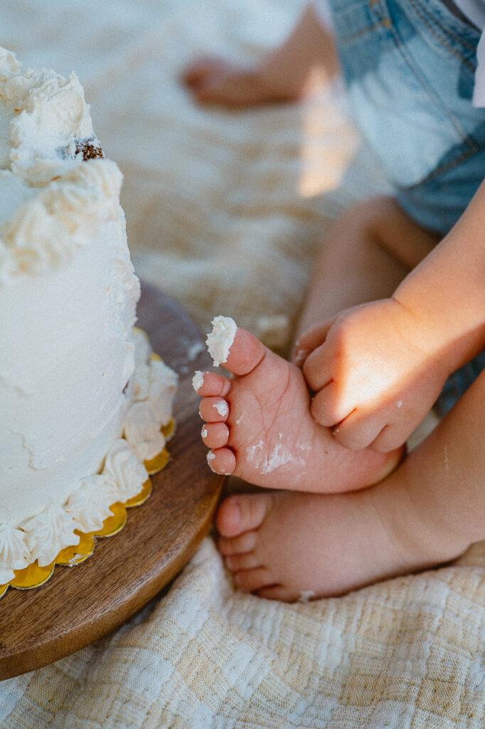 One-year-old enjoying a picnic theme cake smash session in Oceanside, CA